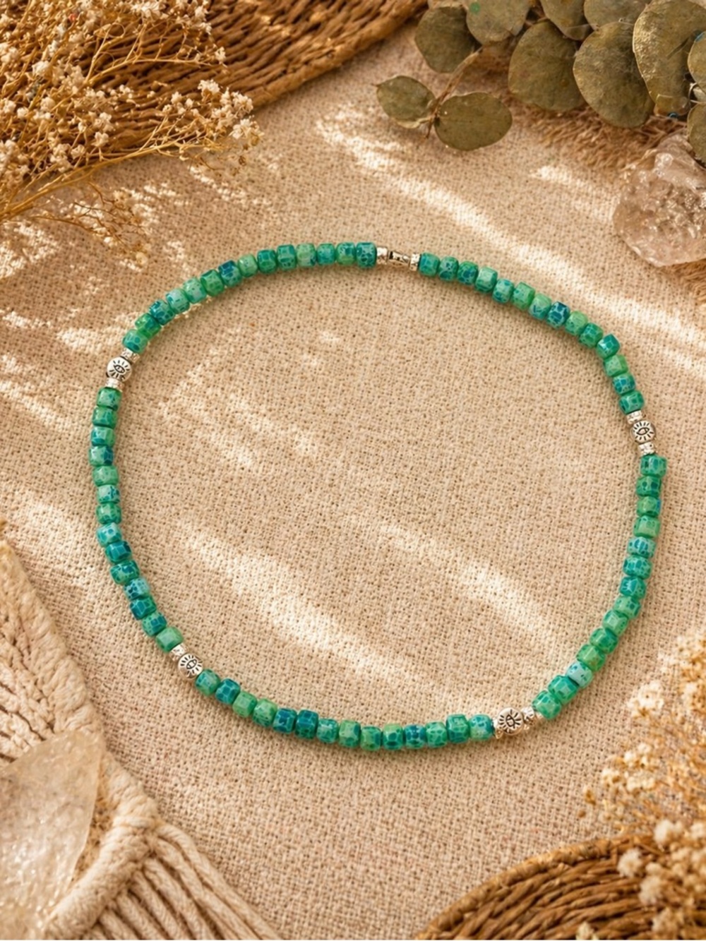 Earthy Hippie Beaded Choker & Anklet Set | Green Boho Jewelry Duo 11” - Picture 3 of 6